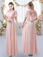 Fashionable Floor Length Empire Short Sleeves Pink Dama Dress Zipper