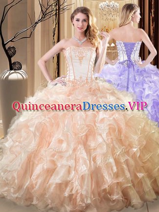 Organza Strapless Sleeveless Lace Up Embroidery and Ruffles Quinceanera Gowns in Yellow