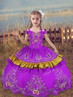 Purple Off The Shoulder Neckline Beading and Embroidery Little Girls Pageant Gowns Sleeveless Lace Up