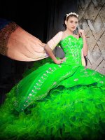 High End Sleeveless With Train Embroidery and Ruffles Lace Up 15th Birthday Dress with Green Brush Train