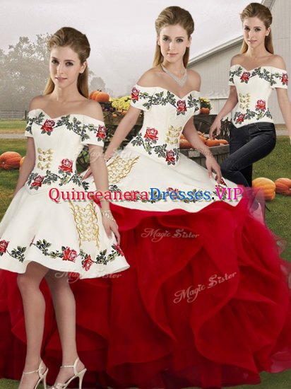 Pretty White And Red Quinceanera Dress Military Ball and Sweet 16 and Quinceanera with Embroidery and Ruffles Off The Shoulder Sleeveless Lace Up - Click Image to Close