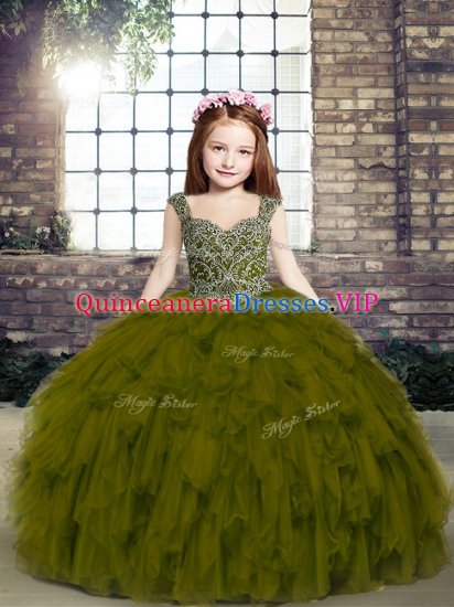 Sleeveless Floor Length Beading and Ruffles Lace Up Little Girls Pageant Dress with Olive Green - Click Image to Close