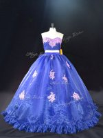 Custom Design Sleeveless Organza Brush Train Zipper Sweet 16 Dresses in Blue with Appliques