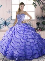 Lavender Sweet 16 Dresses Sweet 16 and Quinceanera with Beading and Ruffled Layers Sweetheart Sleeveless Brush Train Lace Up