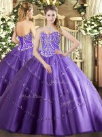 Best Selling Lavender Ball Gowns Beading and Appliques Quince Ball Gowns Lace Up Tulle Sleeveless Floor Length