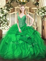 Inexpensive Sleeveless Organza Floor Length Lace Up Sweet 16 Quinceanera Dress in Green with Beading and Ruffles