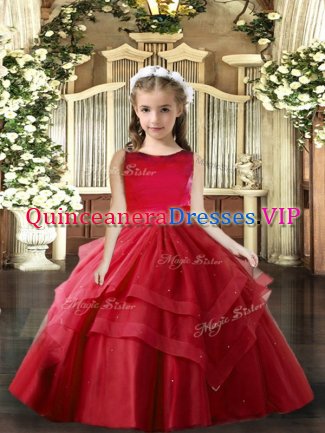 Floor Length Ball Gowns Sleeveless Red Girls Pageant Dresses Lace Up