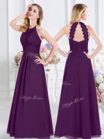Purple Empire Halter Top Sleeveless Chiffon Floor Length Zipper Ruching Damas Dress