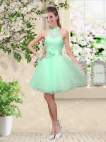 Exquisite Apple Green Sleeveless Lace and Belt Knee Length Court Dresses for Sweet 16