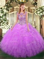 Scoop Sleeveless Tulle 15th Birthday Dress Beading and Ruffles Lace Up