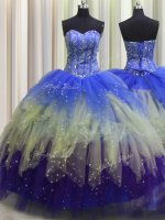Adorable Visible Boning Sleeveless Floor Length Beading and Ruffles and Sequins Lace Up Sweet 16 Dresses with Multi-color