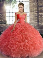 Watermelon Red Ball Gowns Fabric With Rolling Flowers Off The Shoulder Sleeveless Beading Floor Length Lace Up 15th Birthday Dress