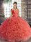 Watermelon Red Ball Gowns Fabric With Rolling Flowers Off The Shoulder Sleeveless Beading Floor Length Lace Up 15th Birthday Dress