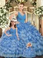 Hot Sale Floor Length Backless Vestidos de Quinceanera Blue for Sweet 16 and Quinceanera with Ruffled Layers and Ruching
