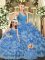 Hot Sale Floor Length Backless Vestidos de Quinceanera Blue for Sweet 16 and Quinceanera with Ruffled Layers and Ruching
