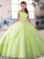 Yellow Green Lace Up Off The Shoulder Beading Sweet 16 Quinceanera Dress Tulle Sleeveless Brush Train