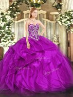 Fuchsia Organza Lace Up Sweetheart Sleeveless Floor Length 15th Birthday Dress Beading and Ruffles(SKU SJQDDT1522002-3BIZ)