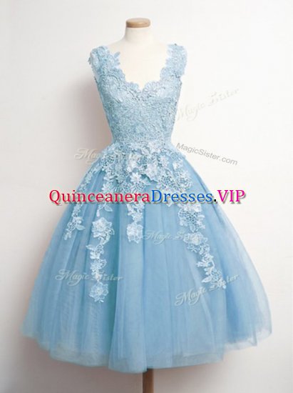 Artistic Sleeveless Knee Length Appliques Lace Up Dama Dress for Quinceanera with Light Blue - Click Image to Close