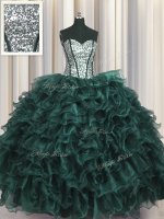 Visible Boning Organza and Sequined Sleeveless Floor Length Quinceanera Gown and Ruffles and Sequins