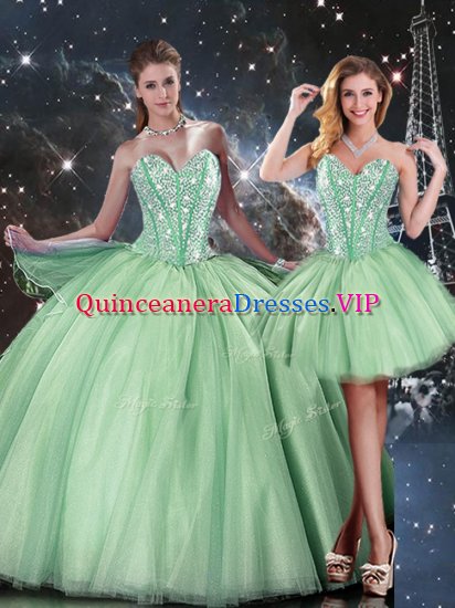 Floor Length Lace Up Sweet 16 Dress Apple Green for Military Ball and Sweet 16 and Quinceanera with Beading - Click Image to Close
