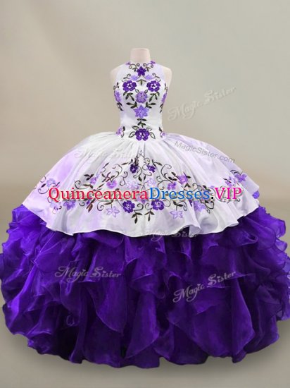 Floor Length Lace Up Quinceanera Dress White And Purple for Sweet 16 and Quinceanera with Embroidery and Ruffles - Click Image to Close