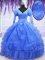 One Shoulder Long Sleeves Organza Floor Length Lace Up Quince Ball Gowns in Blue with Beading and Embroidery and Hand Made Flower