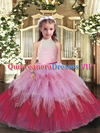 Multi-color Tulle Backless High-neck Sleeveless Floor Length Pageant Gowns For Girls Ruffles