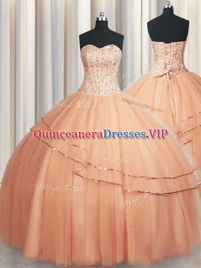 Delicate Visible Boning Really Puffy Sleeveless Lace Up Floor Length Beading and Ruching Sweet 16 Dress - Click Image to Close