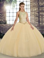 Charming Gold Ball Gowns Scoop Sleeveless Tulle Floor Length Lace Up Embroidery Vestidos de Quinceanera