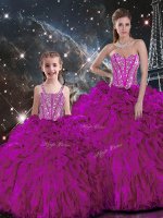 Fuchsia Ball Gowns Organza Sweetheart Sleeveless Beading and Ruffles Floor Length Lace Up Sweet 16 Quinceanera Dress