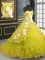 Fitting Yellow Sweetheart Lace Up Embroidery and Ruffles Ball Gown Prom Dress Brush Train Sleeveless