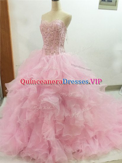 Adorable Sweetheart Sleeveless Organza Quinceanera Gown Beading and Ruffles Brush Train Lace Up - Click Image to Close