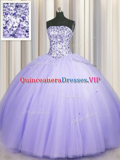 Best Selling Puffy Skirt Sleeveless Tulle Floor Length Lace Up Quinceanera Dresses in Lavender with Beading and Sequins - Click Image to Close