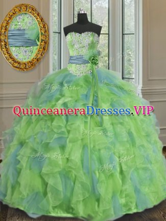 Sophisticated Sleeveless Organza Floor Length Lace Up Quinceanera Dress in Multi-color with Beading and Appliques and Ruffles and Sashes ribbons and Hand Made Flower