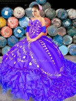 Superior Purple Lace Up Sweetheart Embroidery and Ruffles 15th Birthday Dress Organza Sleeveless Brush Train