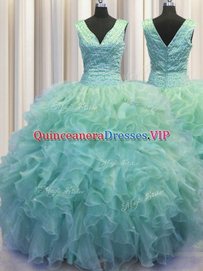 Custom Fit V Neck Zipper Up Floor Length Zipper Vestidos de Quinceanera Light Blue for Military Ball and Sweet 16 and Quinceanera with Ruffles - Click Image to Close