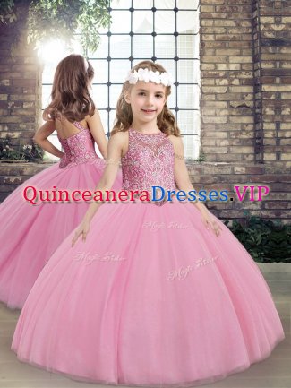 Sleeveless Taffeta Floor Length Lace Up Little Girl Pageant Gowns in Lilac with Beading
