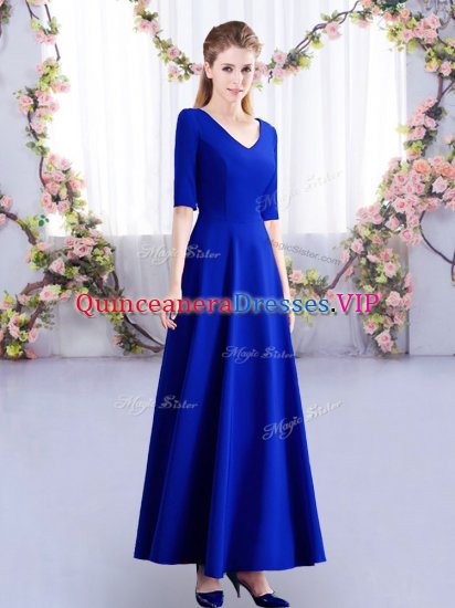 V-neck Half Sleeves Satin Quinceanera Court of Honor Dress Ruching Zipper - Click Image to Close