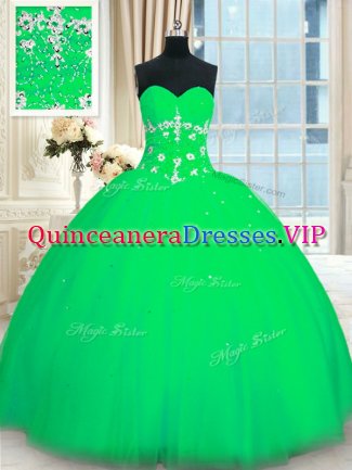Green Ball Gowns Sweetheart Sleeveless Tulle Floor Length Lace Up Appliques Quince Ball Gowns