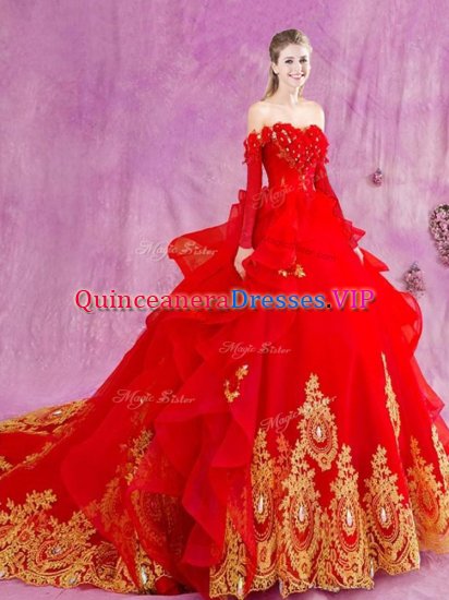 Glorious Red Off The Shoulder Neckline Appliques and Ruffles 15th Birthday Dress Sleeveless Lace Up - Click Image to Close
