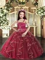 Burgundy Lace Up Straps Beading and Ruffles Little Girl Pageant Gowns Tulle Sleeveless