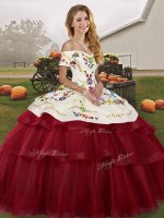 Wine Red Quinceanera Dress Tulle Brush Train Sleeveless Embroidery and Ruffled Layers(SKU SJQDDT2152002-12BIZ)