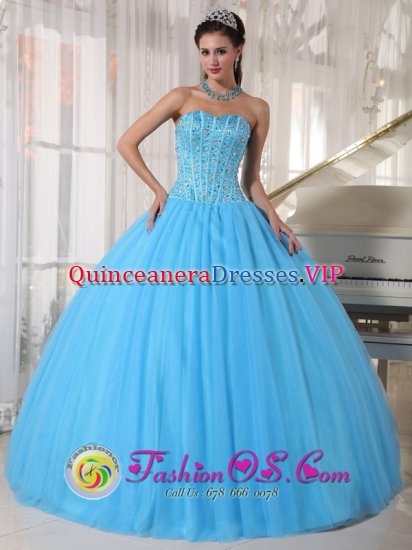 Elkhart Indiana/IN Sky Blue Beaded Decorate Bust Quinceanera Dress With Sweetheart Tulle - Click Image to Close