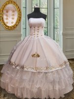White Ball Gowns Strapless Sleeveless Organza and Taffeta Floor Length Lace Up Beading and Embroidery and Ruffles Quinceanera Dress