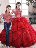 Halter Top Quinceanera Gowns Beading and Ruffles Red Organza(SKU SJQDDT2077009BIZ)
