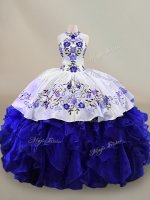 Unique Floor Length Blue And White Sweet 16 Quinceanera Dress Organza Sleeveless Embroidery and Ruffles