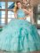 Backless Halter Top Sleeveless Vestidos de Quinceanera Brush Train Beading and Ruffled Layers and Pick Ups Aqua Blue Organza