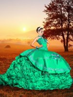 Discount Turquoise Organza Lace Up Sweet 16 Quinceanera Dress Sleeveless Brush Train Embroidery and Ruffles