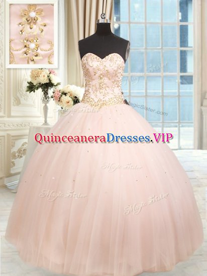 Baby Pink Satin and Tulle Lace Up Sweetheart Sleeveless Floor Length 15th Birthday Dress Beading and Embroidery - Click Image to Close