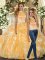 Sweet Gold Halter Top Backless Beading and Ruffles Ball Gown Prom Dress Sleeveless